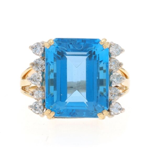 Yellow Gold Blue Topaz Diamond Cocktail Ring 14k 14.50ctw - Picture 1 of 6